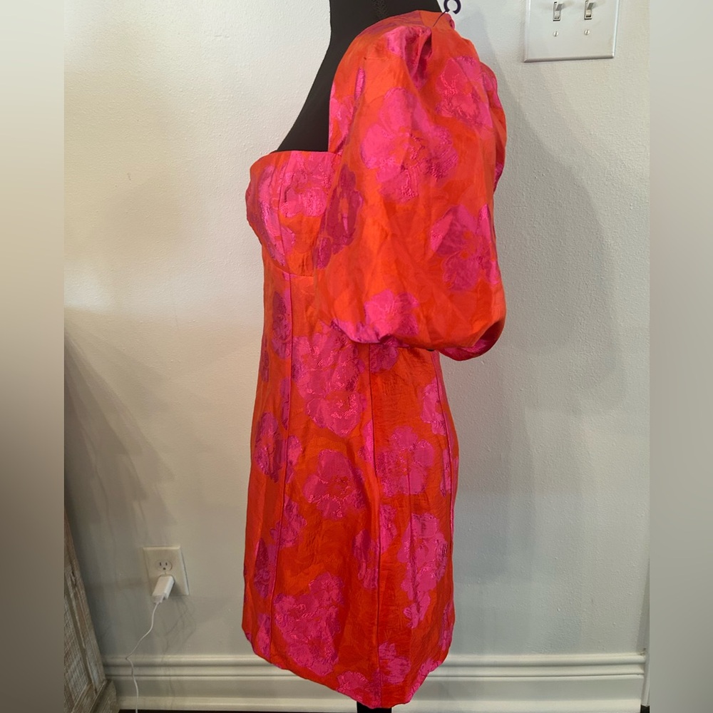 Zara Puff Sleeve Jacquard Fuchsia Floral Mini Dress Medium NWT - Picture 4 of 16